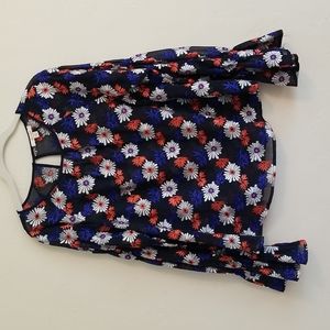 Ella Moss blouse sheer black with blue, orange and white embroidered flowers.